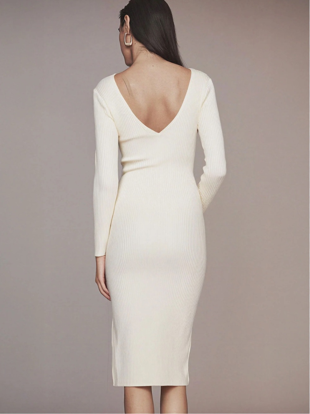 H&M Cream Ribbed Long-Sleeve V-Back Midi Dress size L- NWT